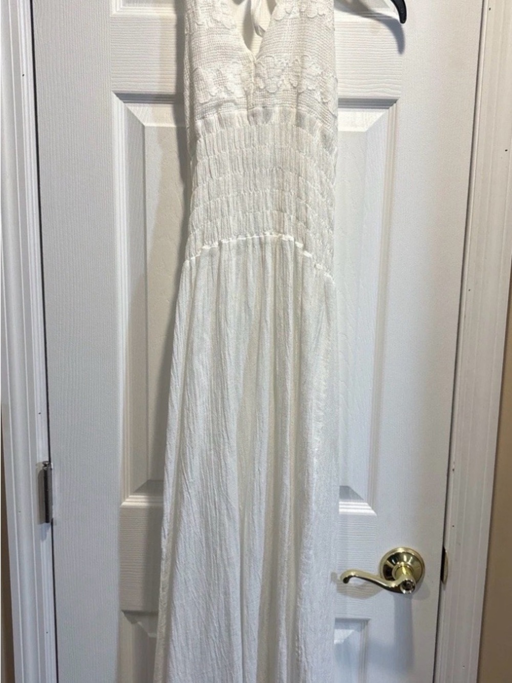 Womens M White Maxi Dress Halter Lace Boho Cottagecore Coastal Bridal Resort - Picture 2 of 4